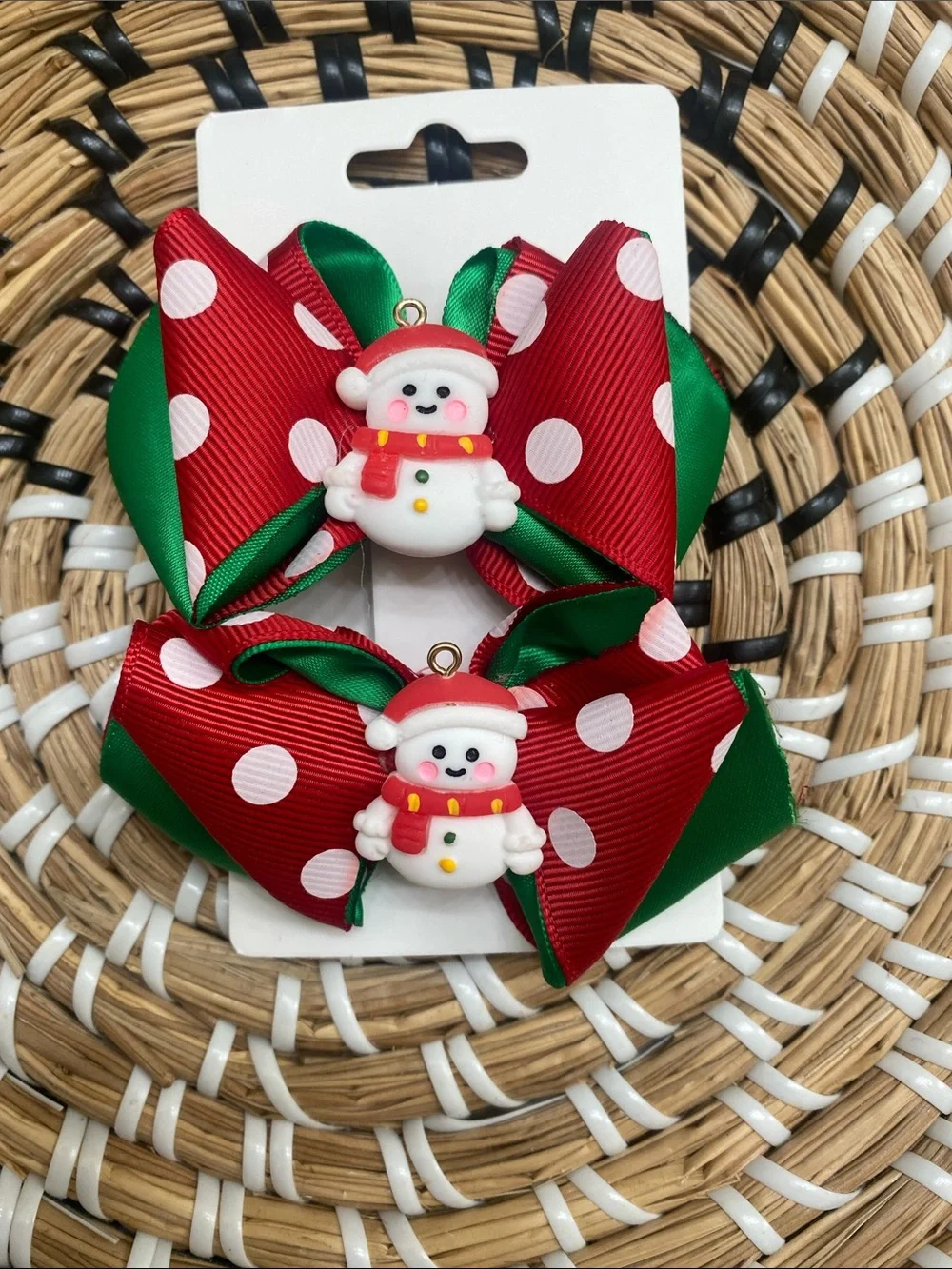 Holiday Red & Green Polka Dot Snowman Hair Bows